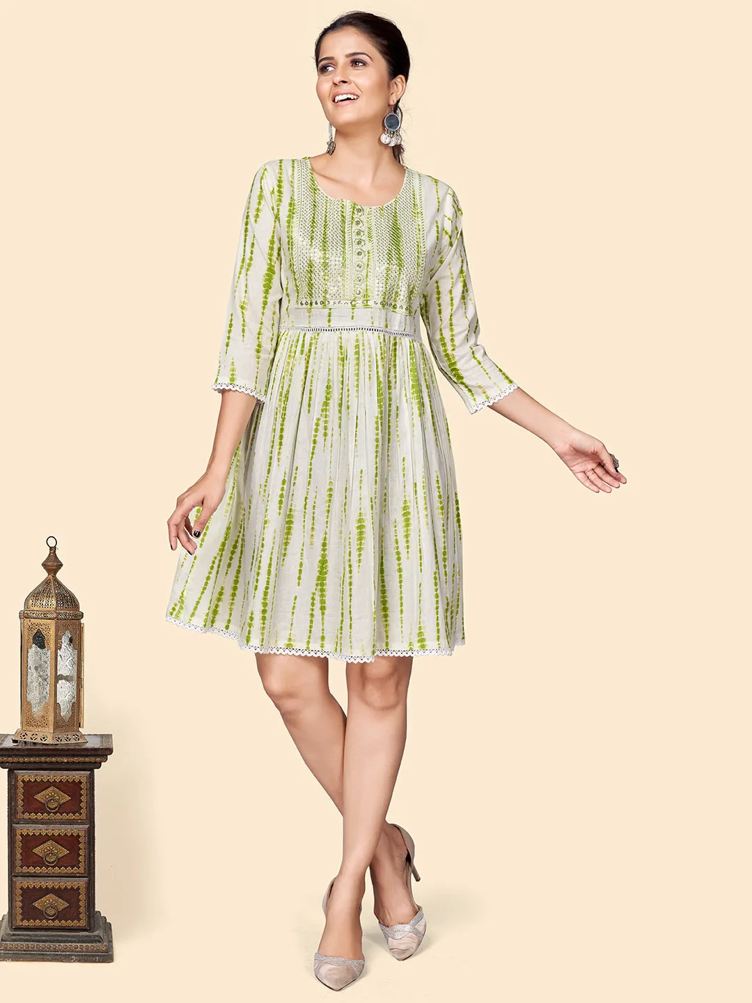 Women'S Print & Sequience Flared Cotton Green Stitched Dress