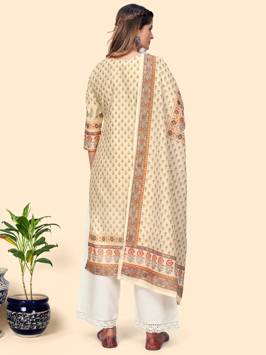 Women'S Print & Sequience Straight Musline Cream Stitched Kurta With Dupatta