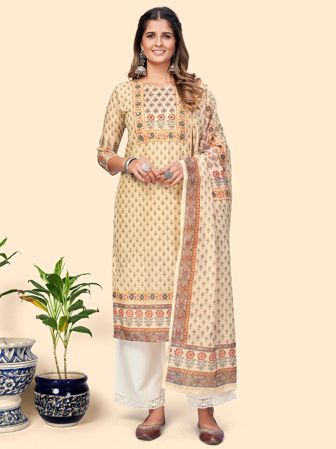 Women'S Print & Sequience Straight Musline Cream Stitched Kurta With Dupatta