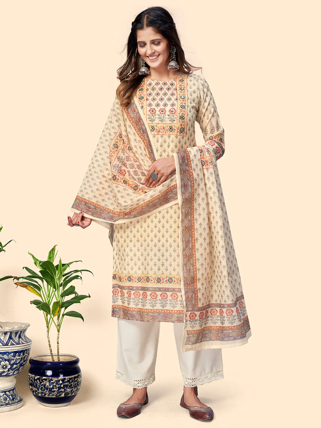 Women'S Print & Sequience Straight Musline Cream Stitched Kurta With Dupatta