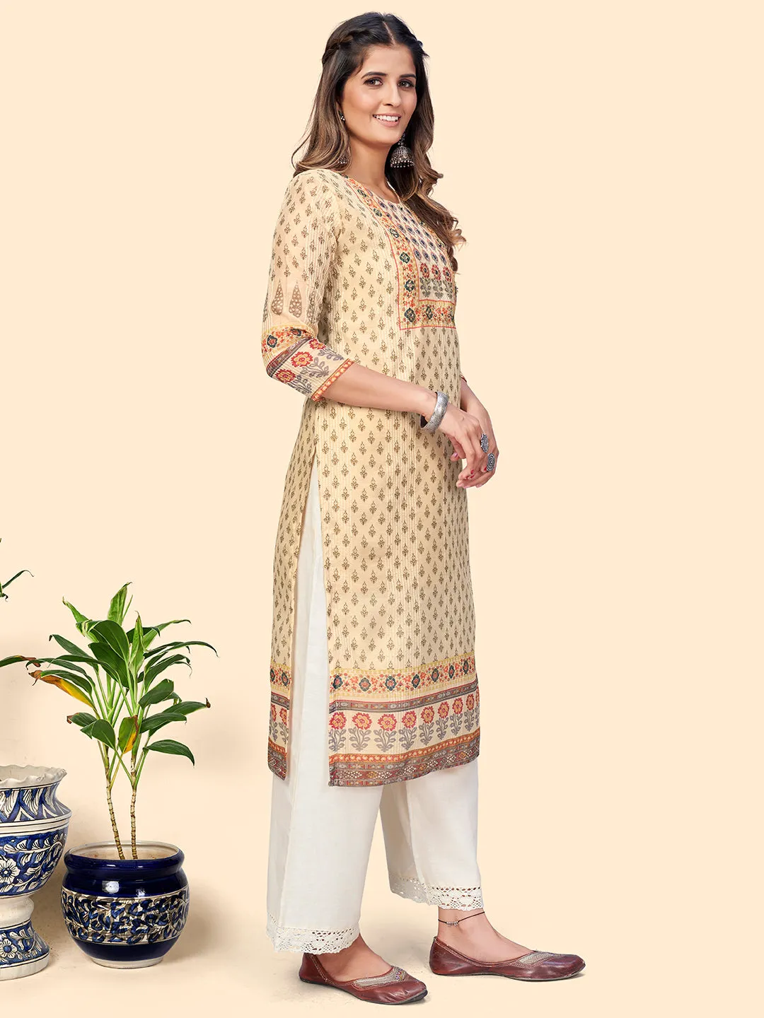 Women'S Print & Sequience Straight Musline Cream Stitched Kurta With Dupatta