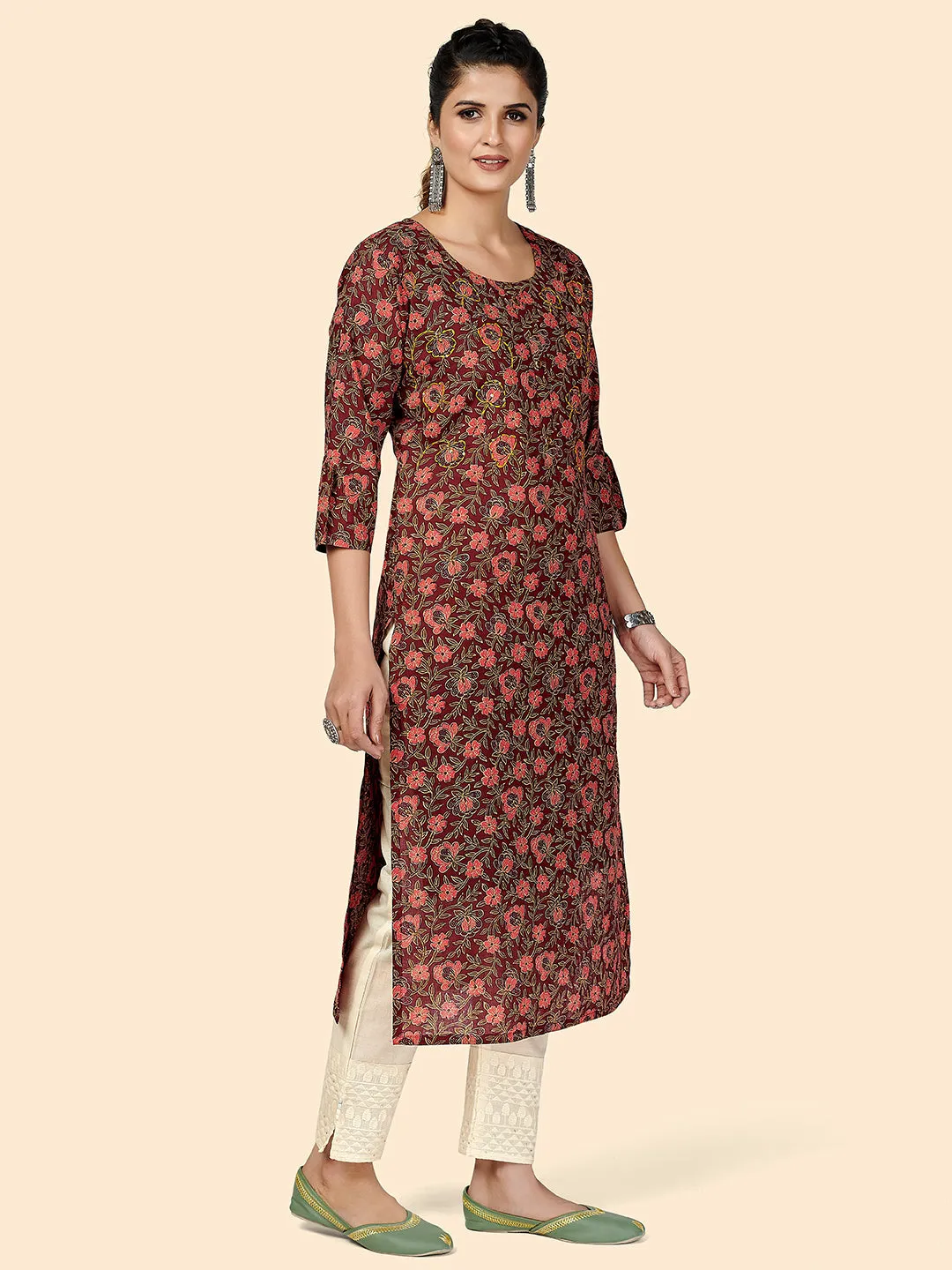 Women'S Printed & Sequience Work Straight Cotton Purple Stitched Kurta