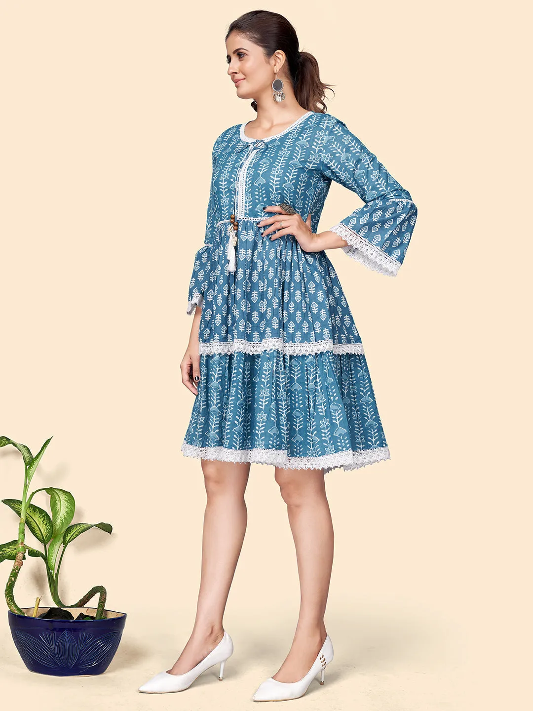 Women'S Printed Flared Cotton Blue Stitched Dress