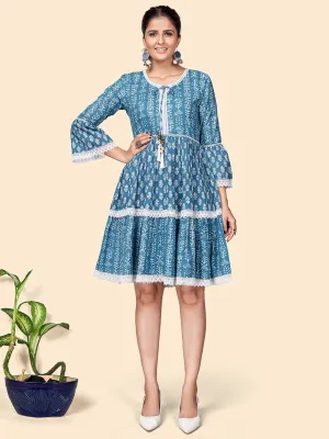 Women'S Printed Flared Cotton Blue Stitched Dress