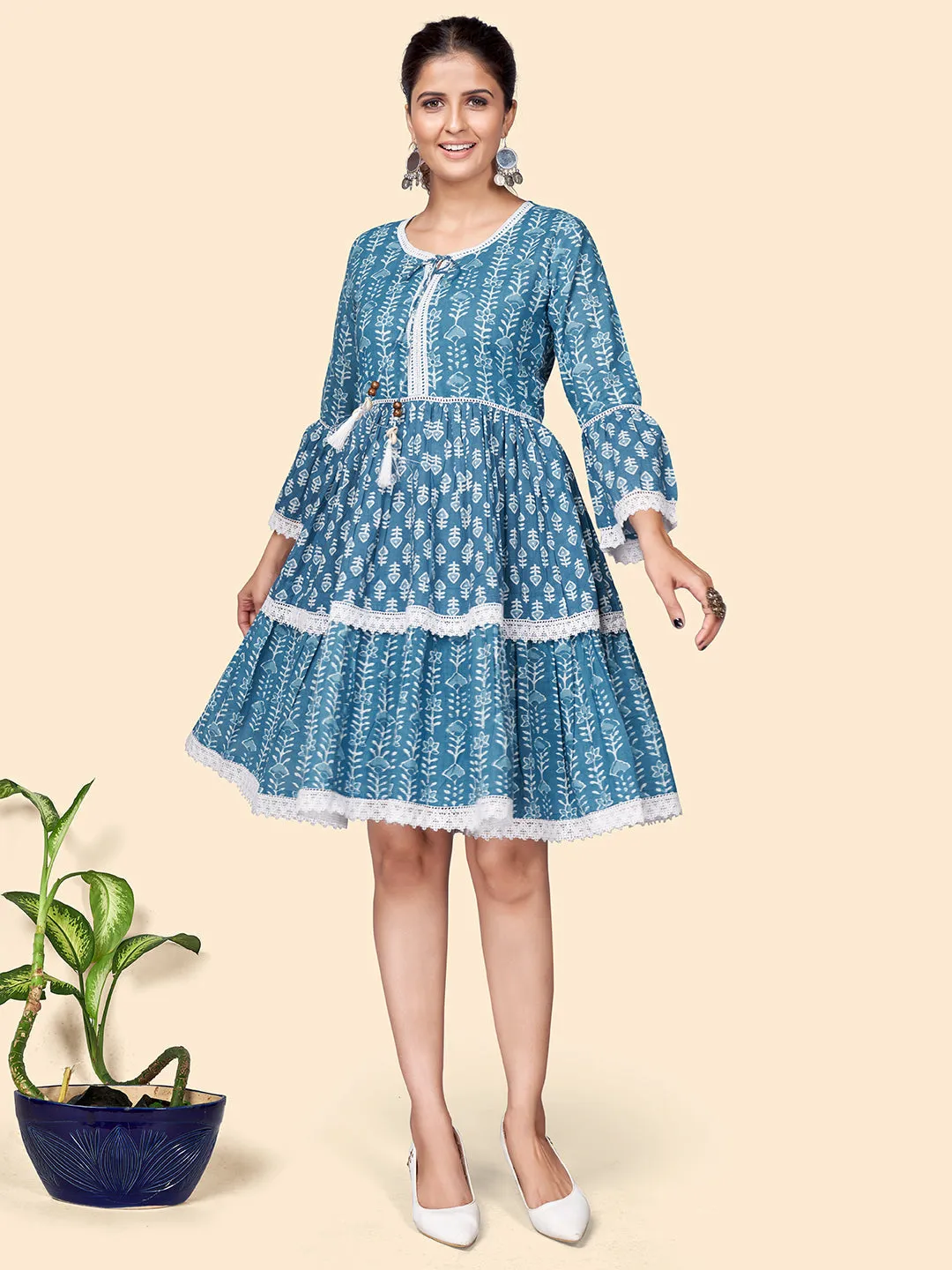 Women'S Printed Flared Cotton Blue Stitched Dress