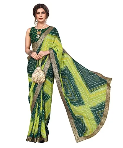 Yashika Women's Printed Georgette With Lace Saree With Blouse Piece (VERA GREEN)