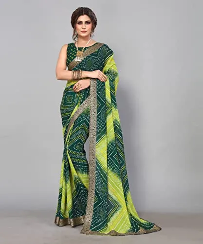 Yashika Women's Printed Georgette With Lace Saree With Blouse Piece (VERA GREEN)